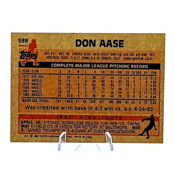 1983 Topps - Don Aase, Pitcher For The Angels #599 - Picture 3 of 3